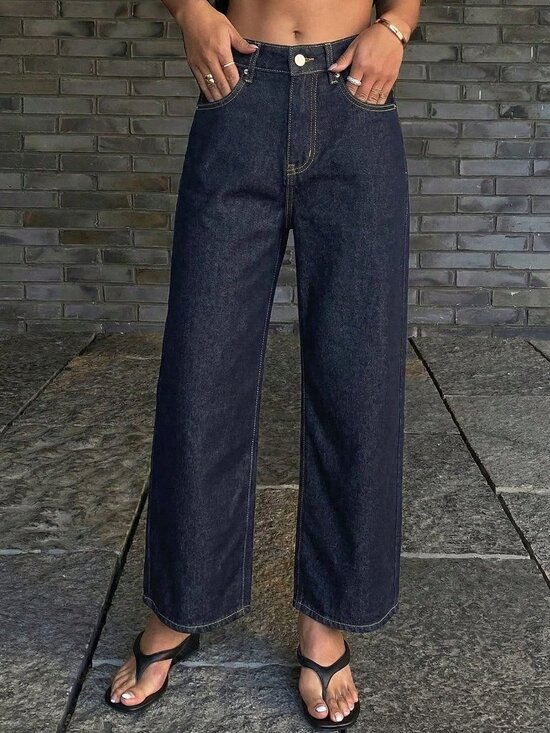 Denim - Dark Wash Casual Women's Straight Leg Cropped Jeans Y2k